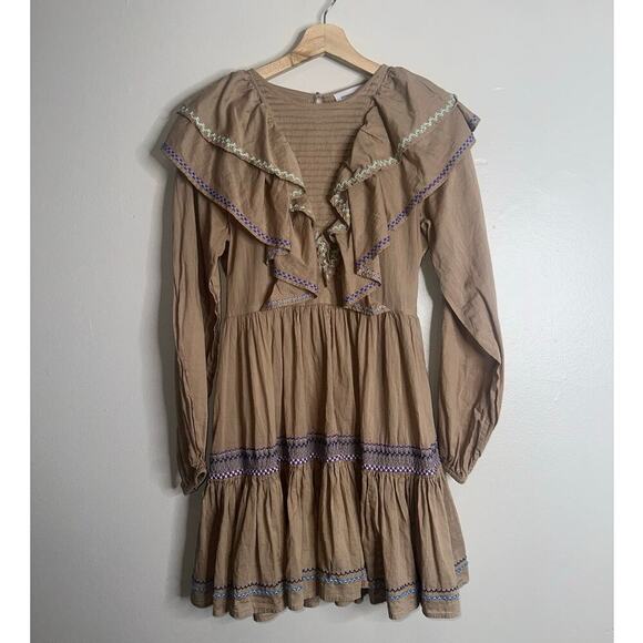 Something Navy Tan Embroidered Ruffle Long Sleeve Dress Size Small - Picture 2 of 9